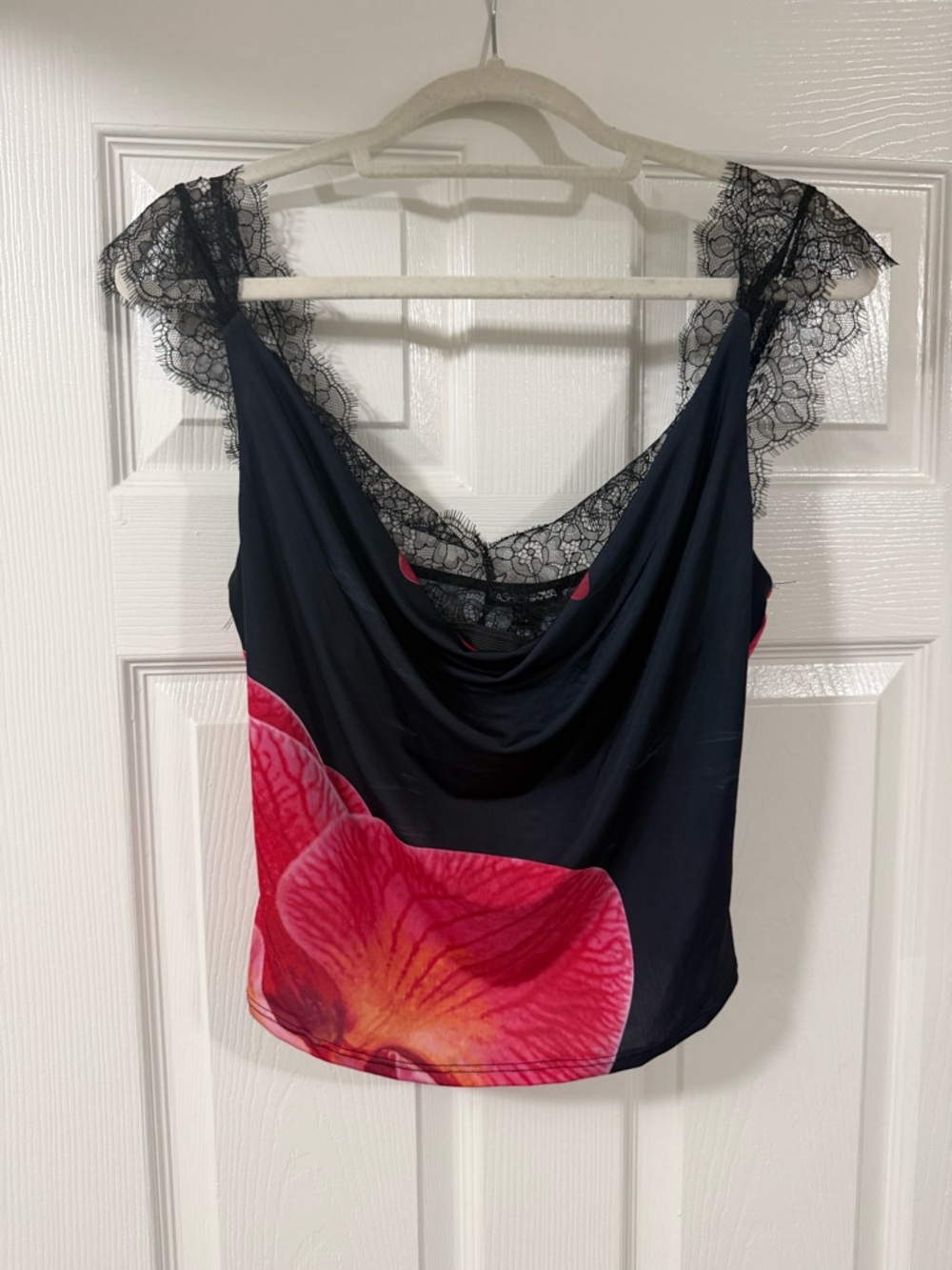 Fashion Nova Black Orchid Cowl Neck Tank with Pink Floral